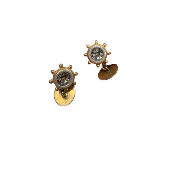 VTG 1950s Gold Tone Nautical Compass Ship Wheel Chain Cufflinks – Steampunk - Picture 8 of 8